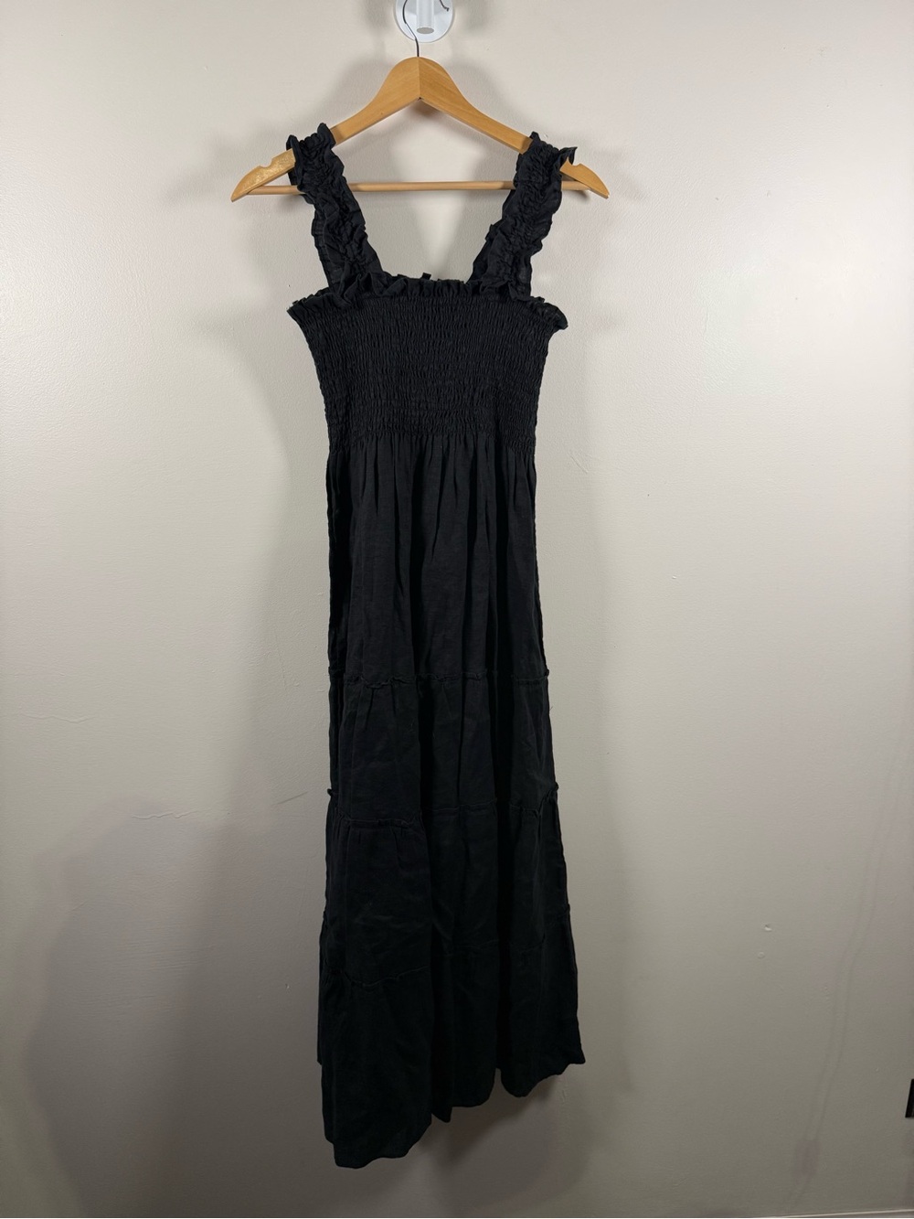 Quince Black Smocked Feminine Linen Maxi Dress with Ruffle Straps